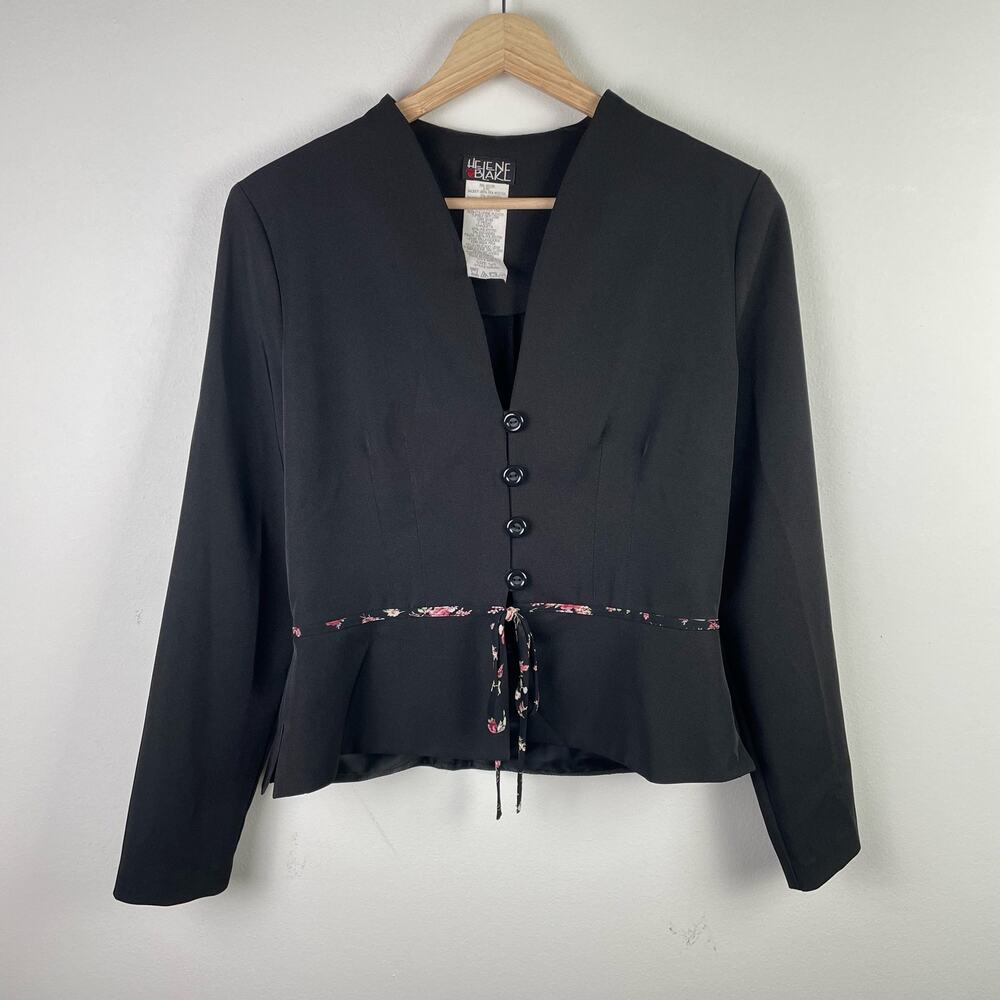 90s VTG Helene Blake Blazer Jacket Womens 6 Black Pink Floral Waist Tie Coquette